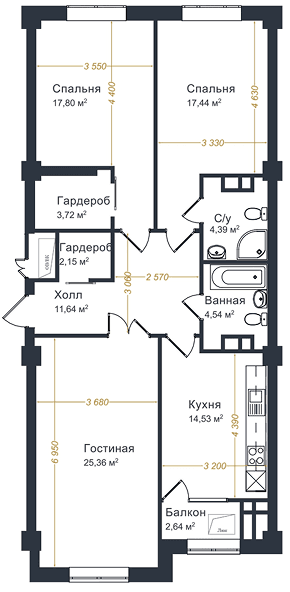 Элитка, 3 ком, 104.2 м2, этаж 14/16, ж/к Белгравия (Belgravia), Сост: Евроремонт - фото 10