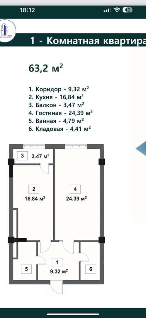 Элитка, 1 ком, 63.2 м2, этаж 9/13, Сост: Строящийся ПСО - фото 1