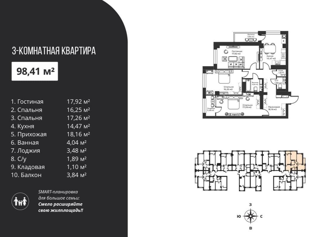 Элитка, 3 ком, 98.41 м2, этаж 12/16, ж/к Loft, Сост: Строящийся ПСО - фото 1
