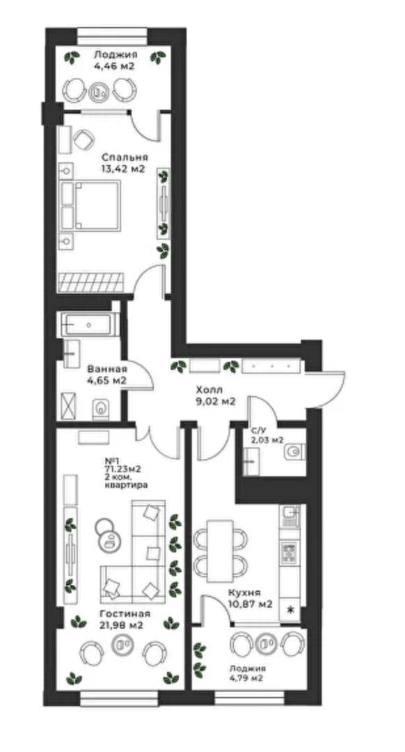 Элитка, 2 ком, 72.37 м2, этаж 5/12, ж/к Sun House-2 (Сан Хаус-2), Сост: Строящийся ПСО - фото 1
