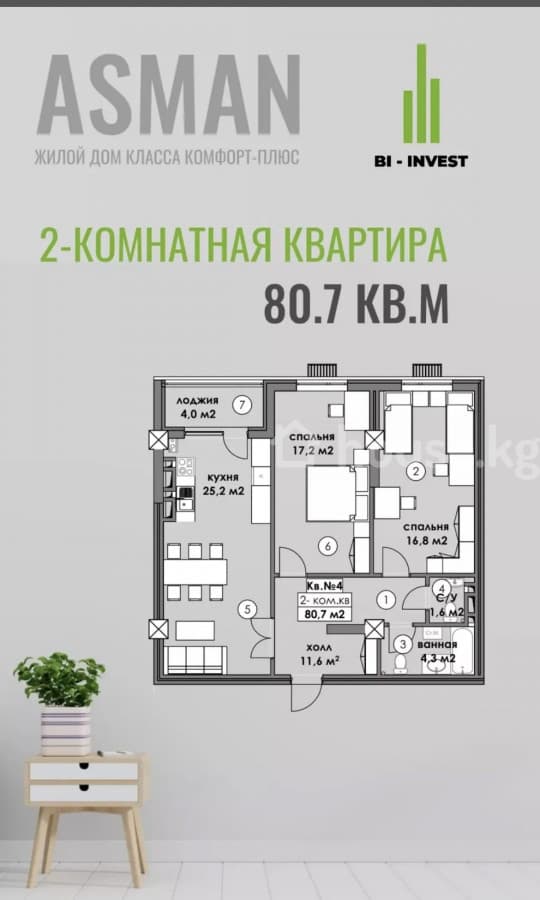 Продажа, Элитка, 3 ком, 80 м2, этаж 4/12, ж/к ЖК Асман, Сост: Сдан ПСО - фото 1