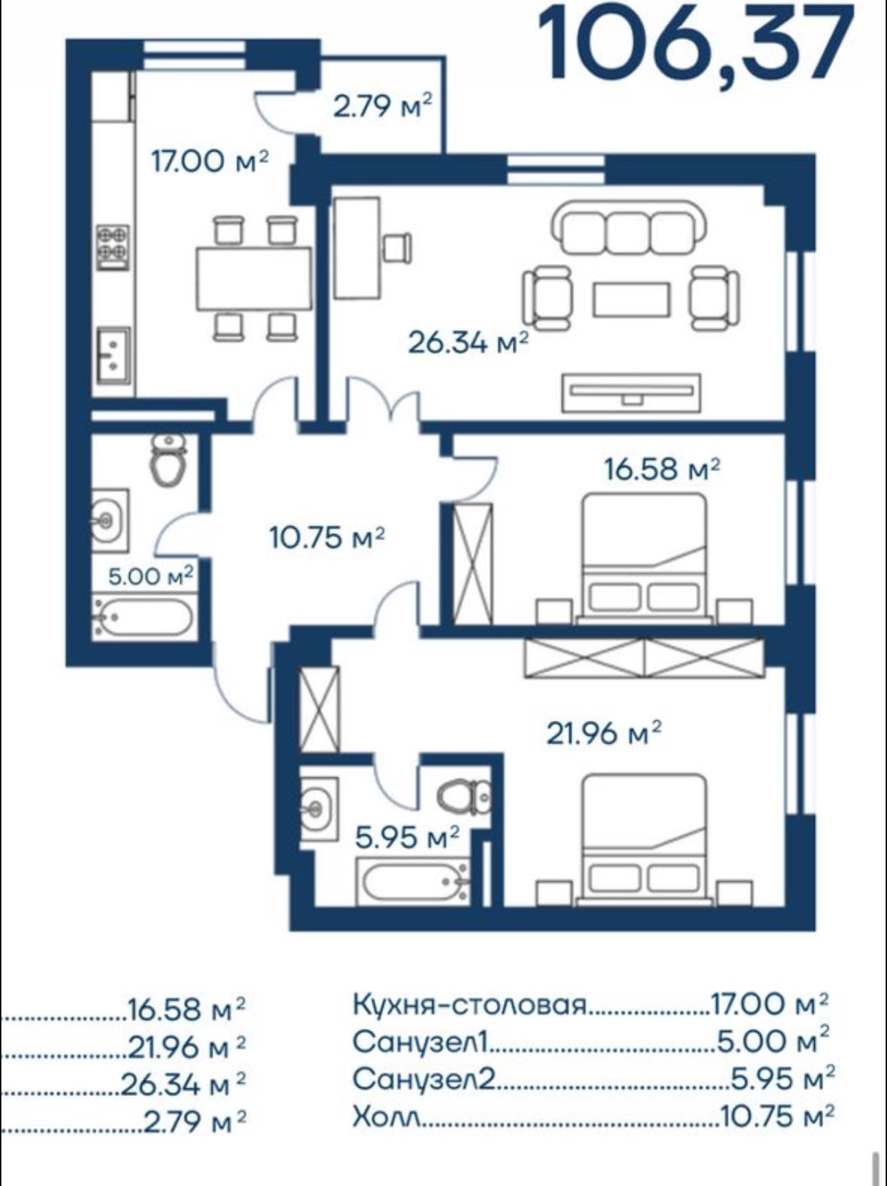 Элитка, 3 ком, 106.37 м2, этаж 18/18, ж/к ЖК Южные Ворота, Сост: Строящийся ПСО - фото 1