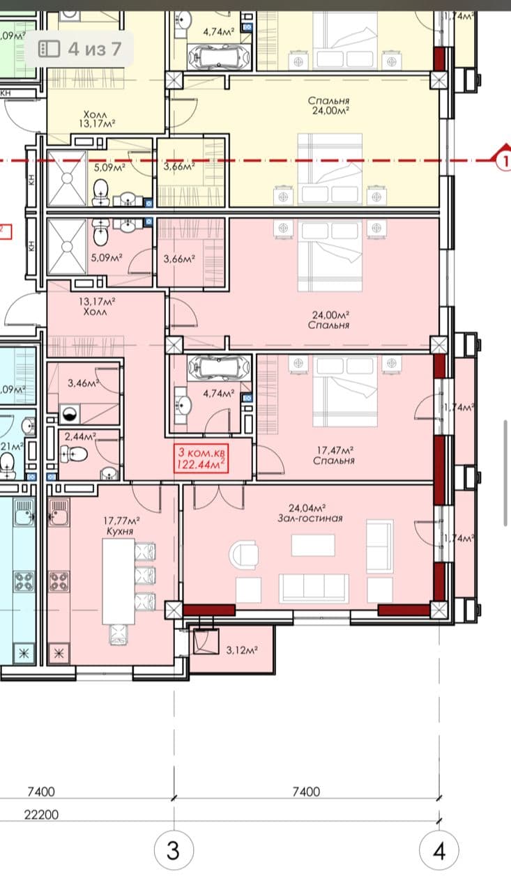 Элитка, 3 ком, 122.44 м2, этаж 4/16, ж/к President Palace, Сост: Сдан ПСО - фото 1