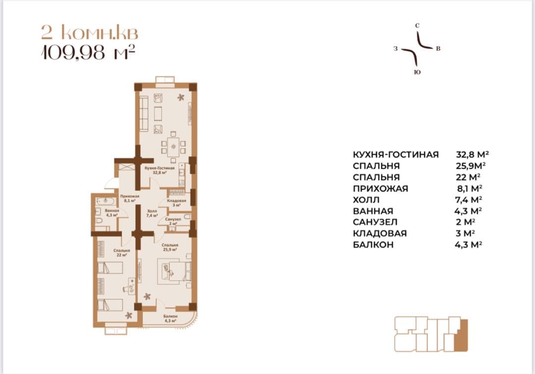 Элитка, 3 ком, 109 м2, этаж 5/20, ж/к Meridian - фото 1