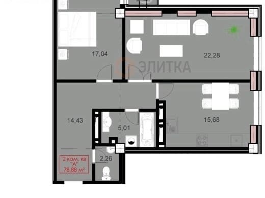 Элитка, 2 ком, 79 м2, этаж 9/17, ж/к BROOKLYN, Сост: Евроремонт - фото 1
