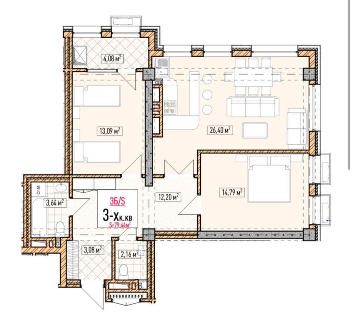 Элитка, 3 ком, 79.44 м2, этаж 14/18, ж/к Нью-Йорк сити (New York city), Сост: Строящийся ПСО - фото 1