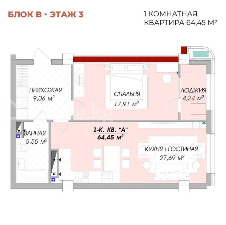 Элитка, 1 ком, 64 м2, этаж 3/26, Сост: Строящийся ПСО - фото 2