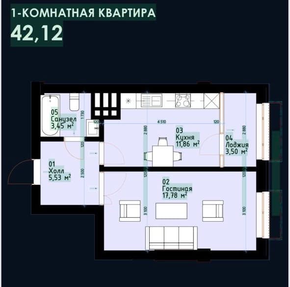 Элитка, 1 ком, 43 м2, этаж 1/1, ж/к Нурзаман Сити (Nurzaman City), Сост: Сдан ПСО - фото 1