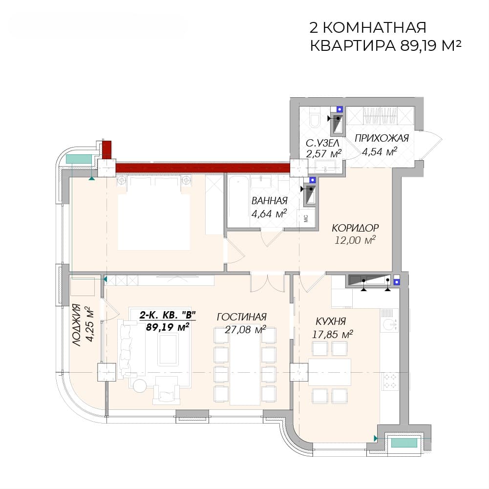 Элитка, 2 ком, 89.19 м2, этаж 5/14, Сост: Строящийся ПСО - фото 2