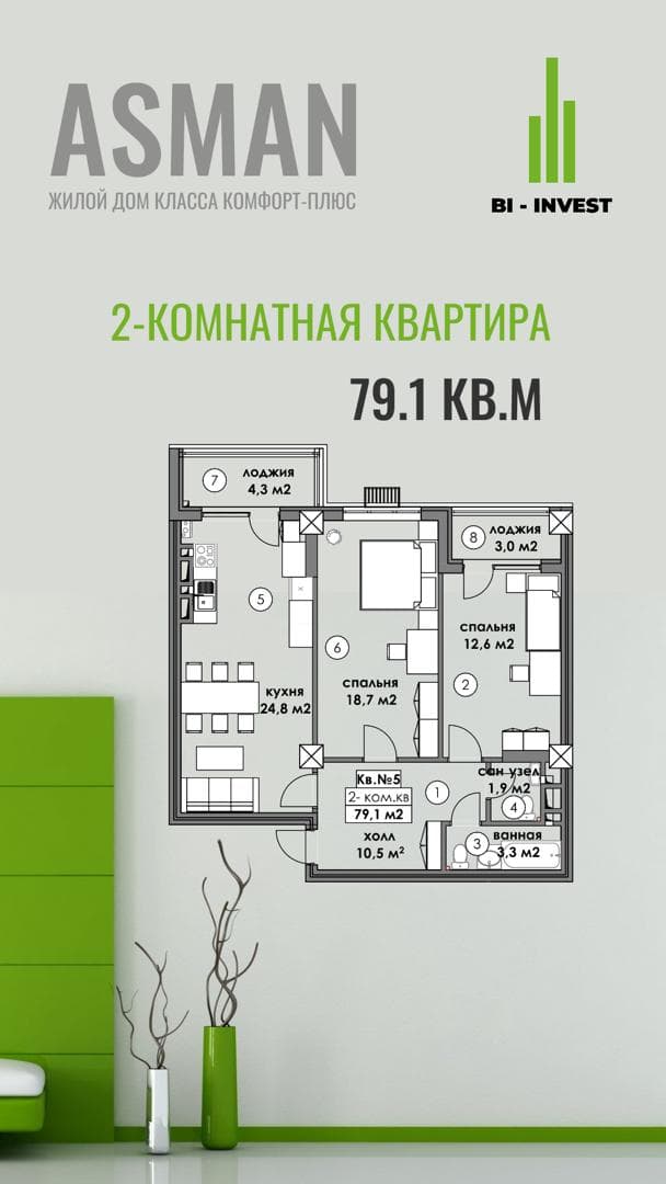 Продажа, Элитка, 2 ком, 79.1 м2, этаж 8/12, ж/к ЖК Асман, Сост: Сдан ПСО - фото 1