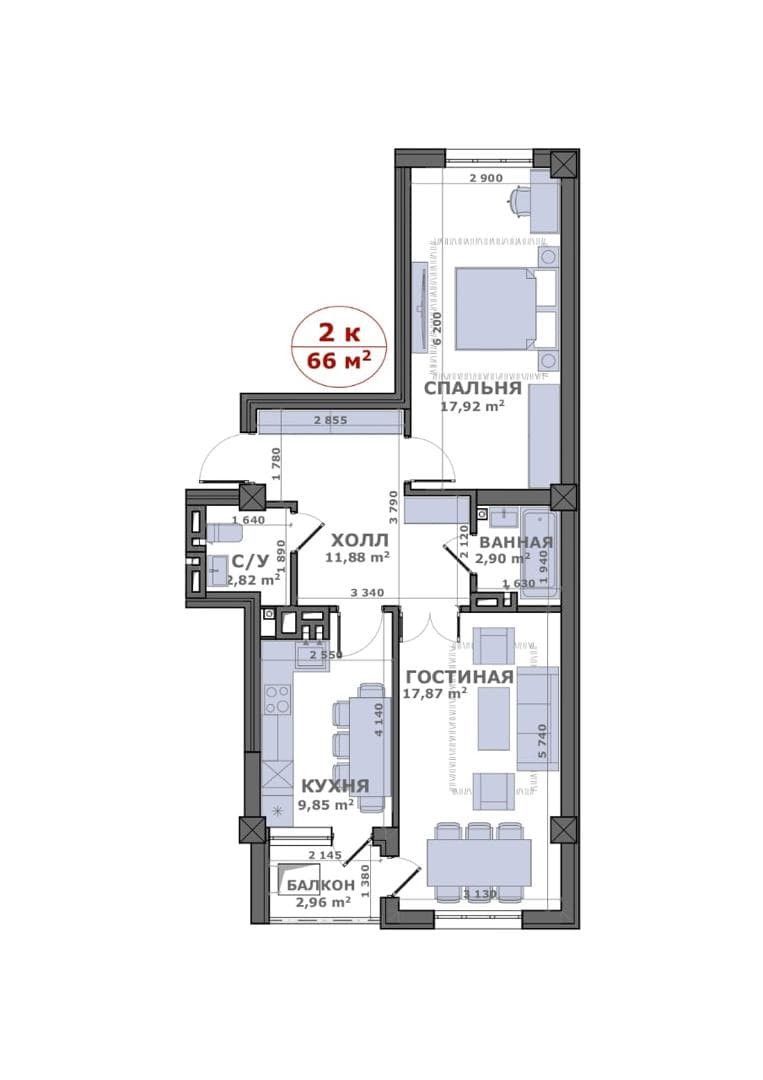 Продажа, Элитка, 2 ком, 66 м2, этаж 2/12, ж/к Кремлёвский - фото 1
