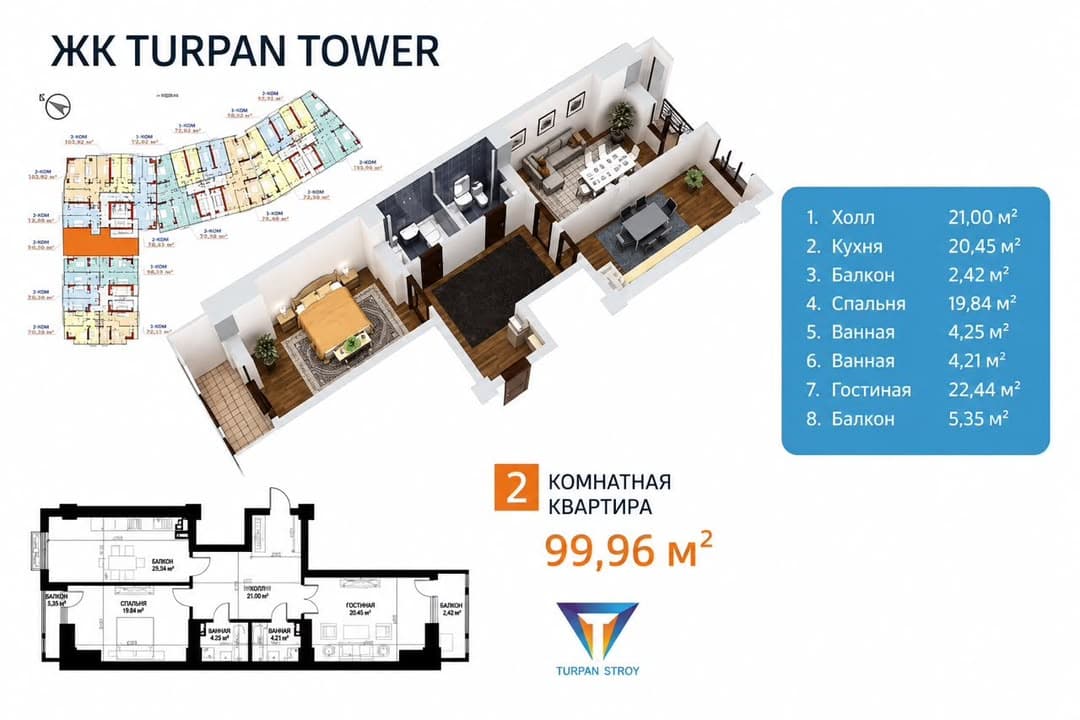 Элитка, 2 ком, 99.96 м2, этаж 7/18, Сост: Строящийся ПСО - фото 1