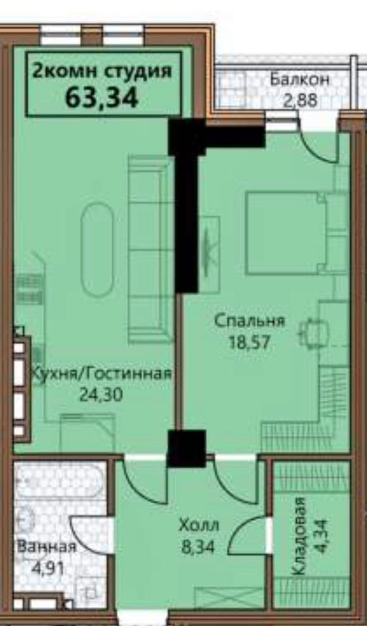 Элитка, 2 ком, 63.34 м2, этаж 9/, ж/к Элиф Гарден/Elif Garden, Сост: Строящийся ПСО - фото 1