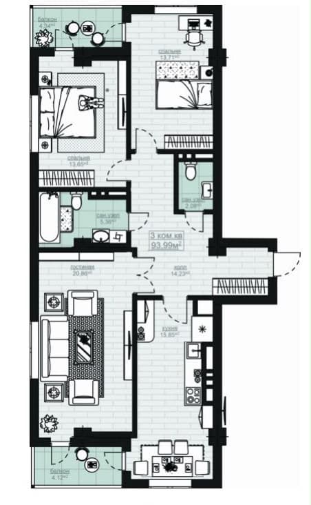 Продажа, Элитка, 3 ком, 94 м2, этаж 9/14, ж/к Арт Сити (Art City), Сост: Сдан ПСО - фото 1