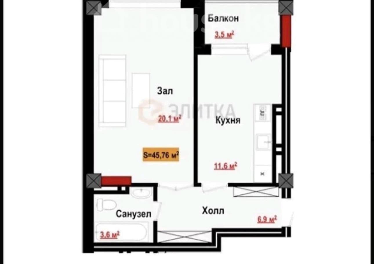 Продажа, Элитка, 1 ком, 45 м2, этаж 9/10, Сост: Сдан ПСО - фото 2