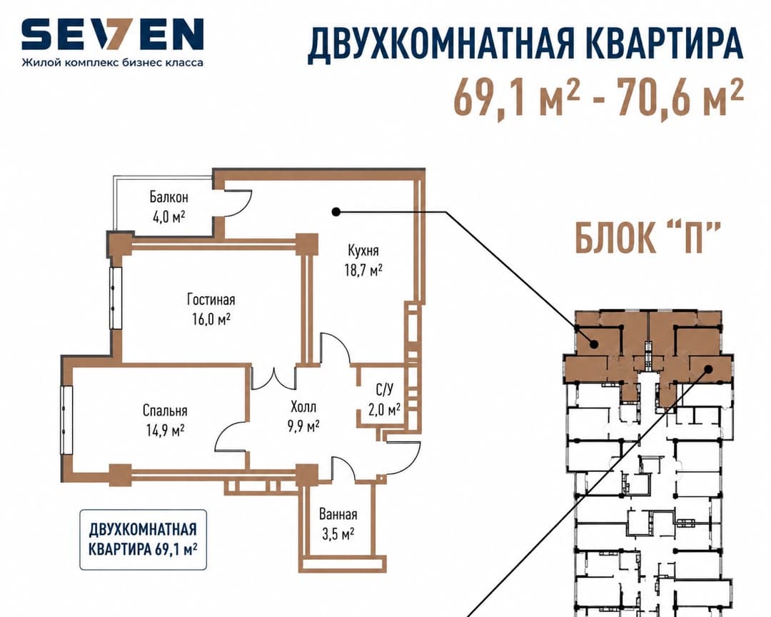 Элитка, 2 ком, 69.1 м2, этаж 9/12, ж/к ЖК SEVEN, Сост: Сдан ПСО - фото 1