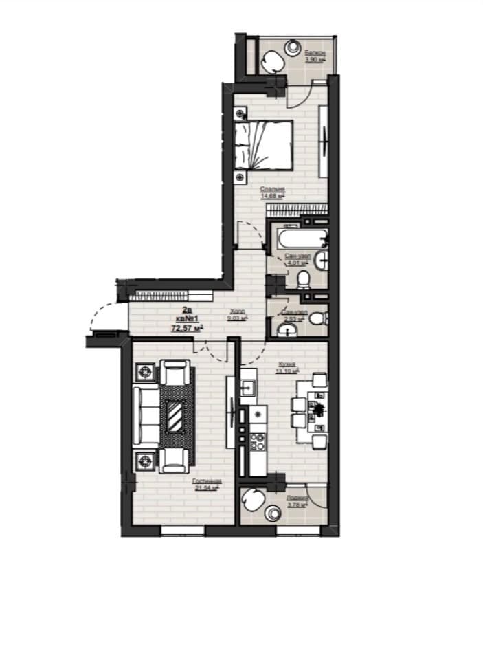 Элитка, 2 ком, 72.57 м2, этаж 7/14, ж/к Нью Сити( New city), Сост: Сдан ПСО - фото 2