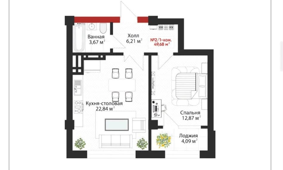 Элитка, 1 ком, 50 м2, этаж 13/14, Сост: Строящийся ПСО - фото 1