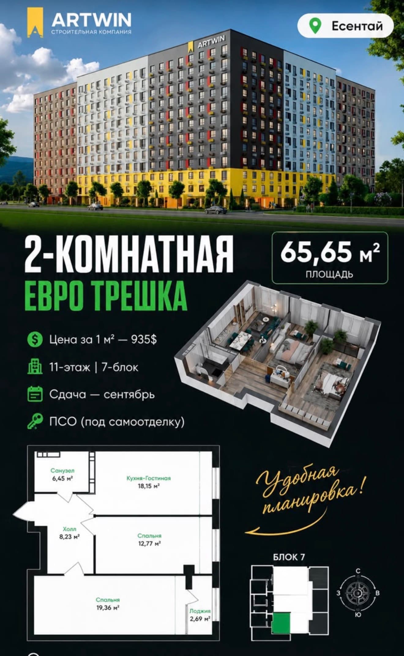 Элитка, 65.65 м2, этаж 11/12, ж/к Esentai (Эсентай), Сост: Строящийся ПСО - фото 1