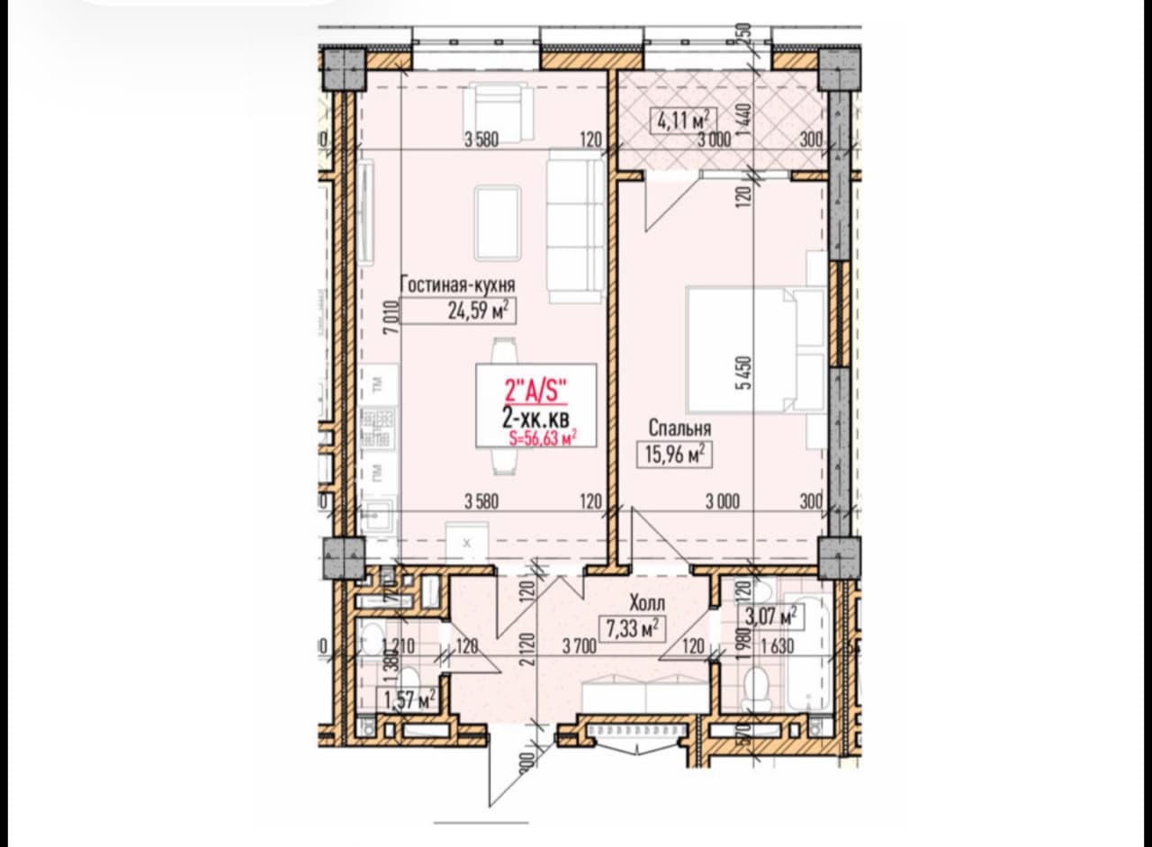 Элитка, 2 ком, 56.63 м2, этаж 3/14, ж/к Нью-Йорк сити (New York city), Сост: Строящийся ПСО - фото 1