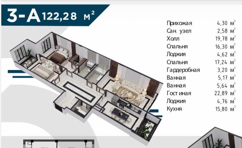 Продажа, Элитка, 3 ком, 122.28 м2, этаж 6/14, ж/к Кап Строй Сити (Capstroy City), Сост: Сдан ПСО - фото 1