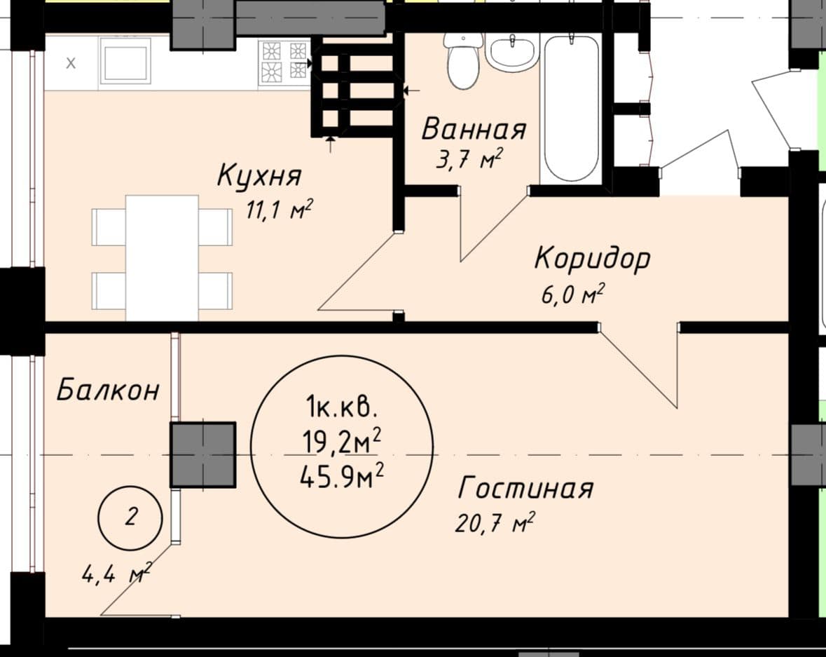 Элитка, 1 ком, 46 м2, этаж 4/13, ж/к ЖК Джидда, Сост: Сдан ПСО - фото 2
