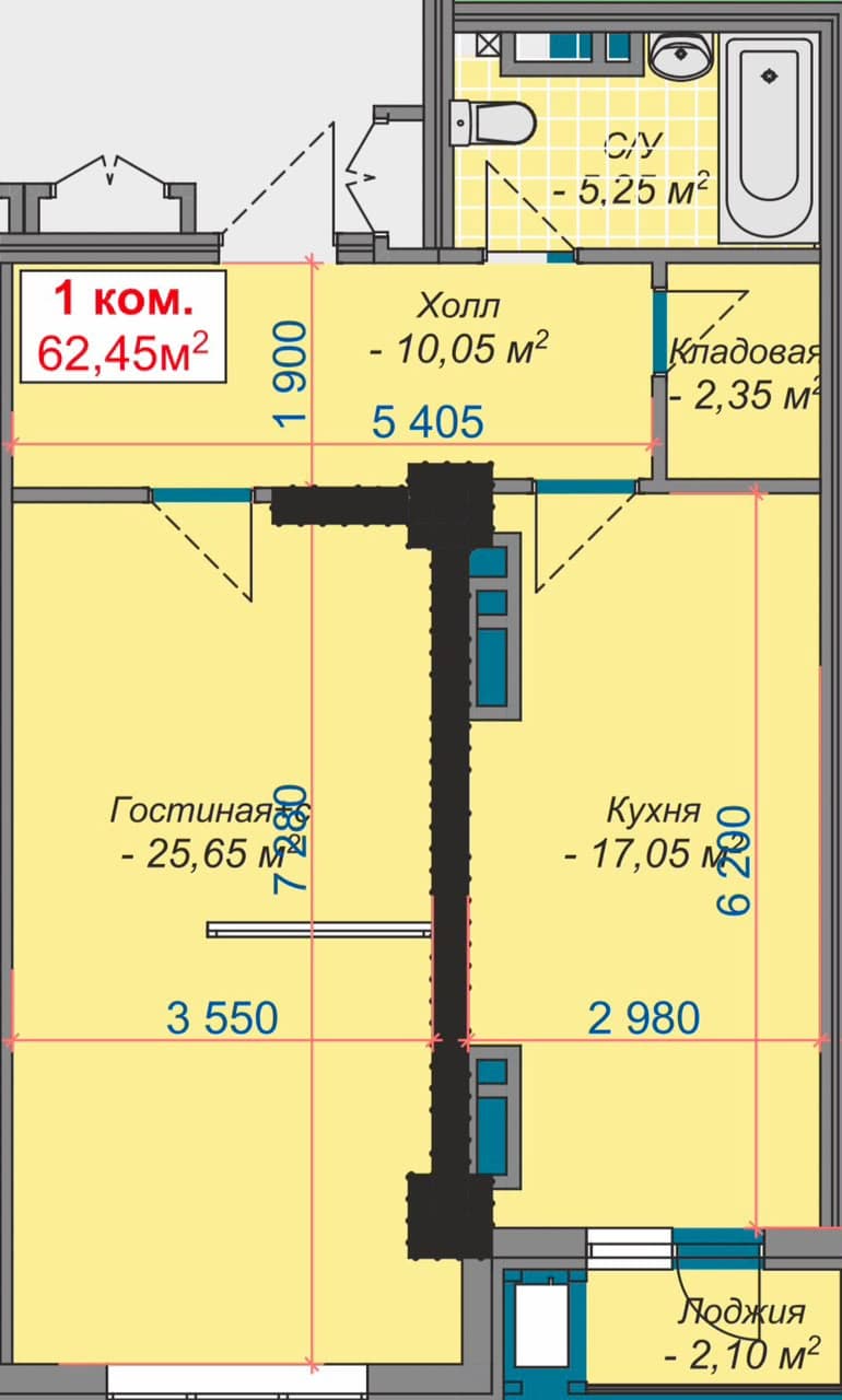 Элитка, 1 ком, 62.45 м2, этаж 9/16, ж/к Venezian, Сост: Сдан ПСО - фото 1