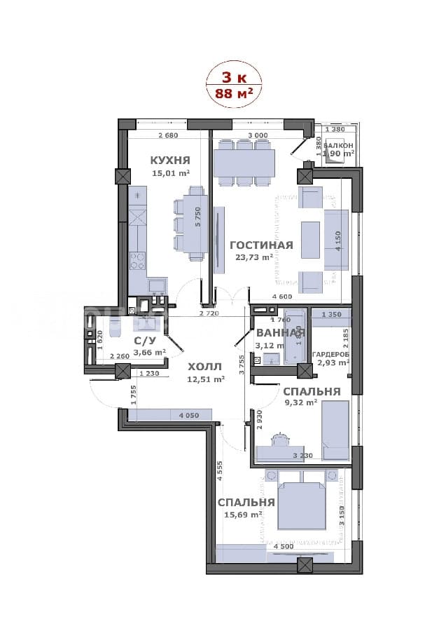 Элитка, 3 ком, 88 м2, этаж 10/12, ж/к Кремлёвский, Сост: Евроремонт - фото 6