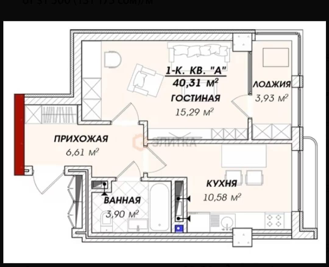 Элитка, 1 ком, 40.29 м2, этаж 2/12, ж/к Асман Резиденс (Asman Residence), Сост: Сдан ПСО - фото 4