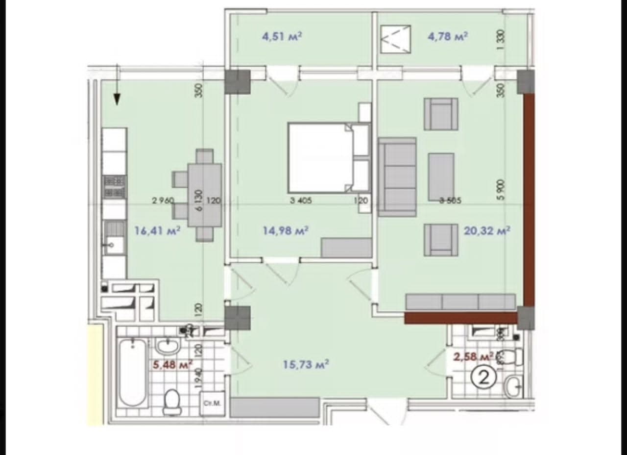Элитка, 2 ком, 85 м2, этаж 8/16, ж/к Крейсер (Kreyser), Сост: Евроремонт - фото 4