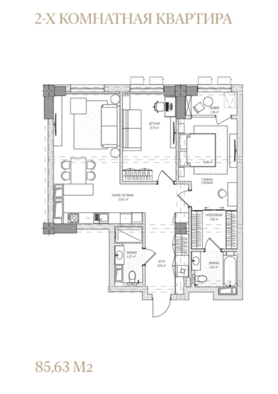 Элитка, 2 ком, 85.63 м2, этаж 9/18, ж/к Прайм Парк (Prime Park), Сост: Строящийся ПСО - фото 1
